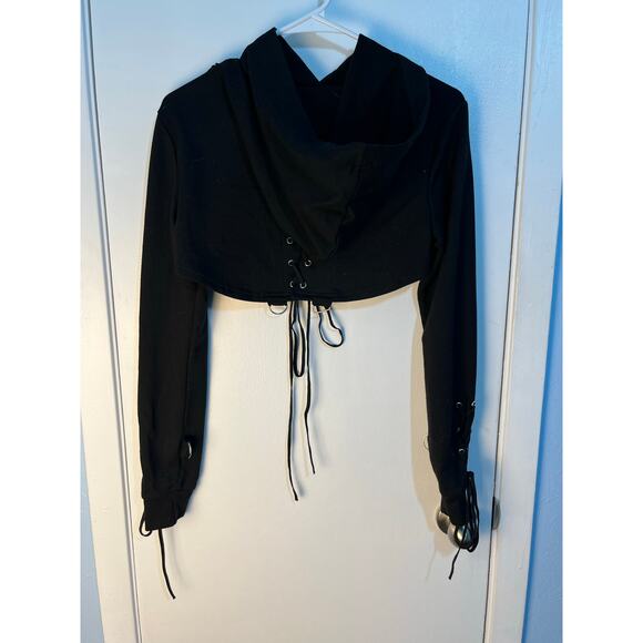 Goth Black Cropped Lace Up Hoodie XS-Small Punk Grunge Whimsigoth Skater Witchy - Picture 4 of 7